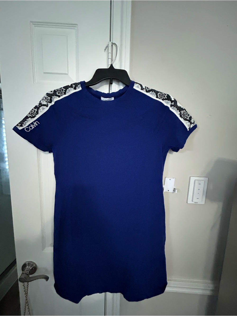 Calvin Klein Cobalt Blue Tee Dress with Snake-Print Shoulder Panels